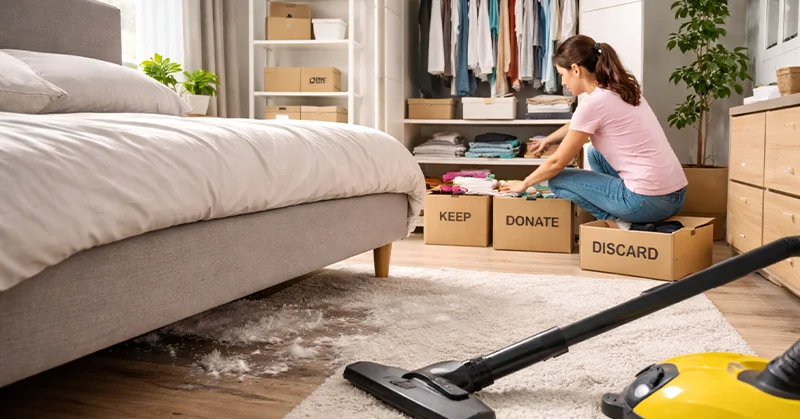 خانم در حال خانه تکانی اتاق خواب